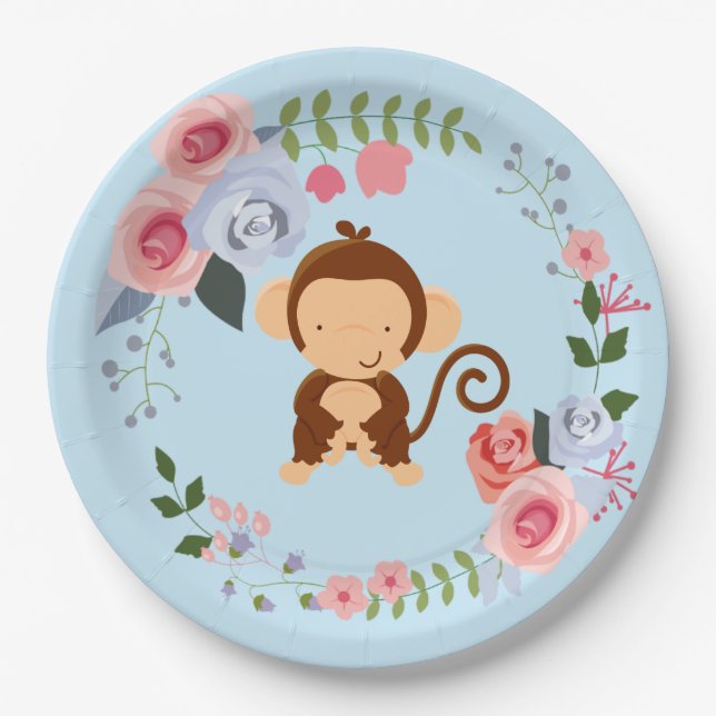 Cute Monkey Floral Baby Shower Paper Plate (Front)