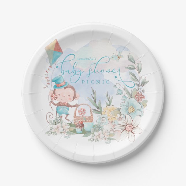 Cute Monkey Floral Boy Floral Baby Shower Picnic Paper Plate (Front)