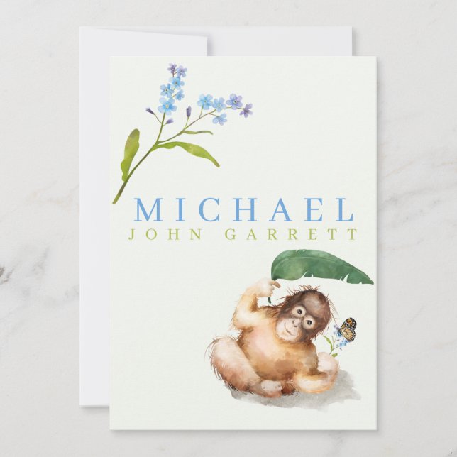 Cute monkey floral pastel photo baby boy birth announcement (Front)