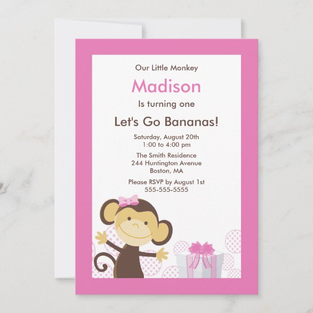 Cute Monkey Girl Birthday Invitation (Front)