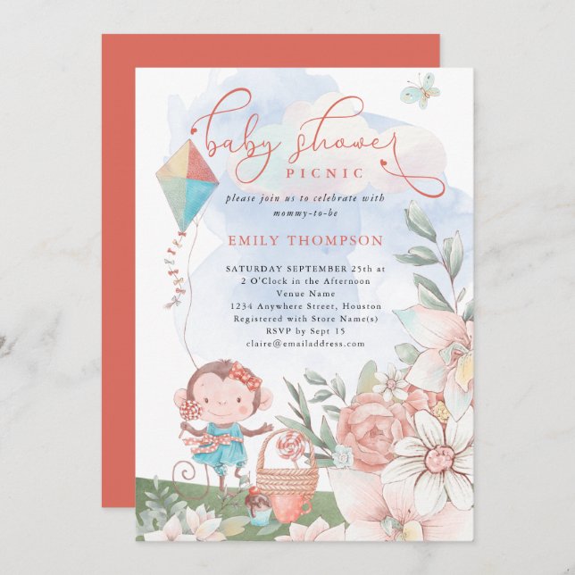 Cute Monkey Girl Kite Baby Shower Picnic  Invitation (Front/Back)
