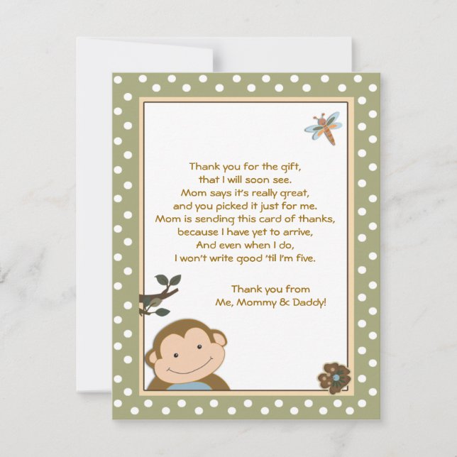 Cute Monkey Green/Brown Thank you cards (Front)