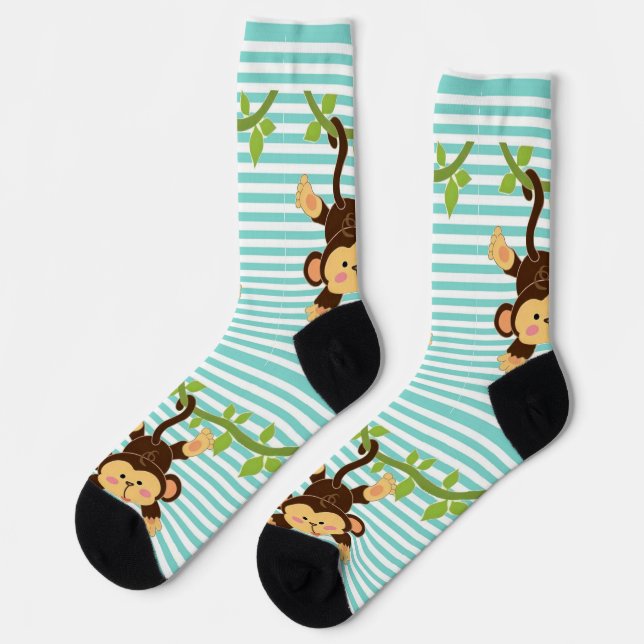 Cute Monkey Hanging on a Vine Striped Socks (Left)