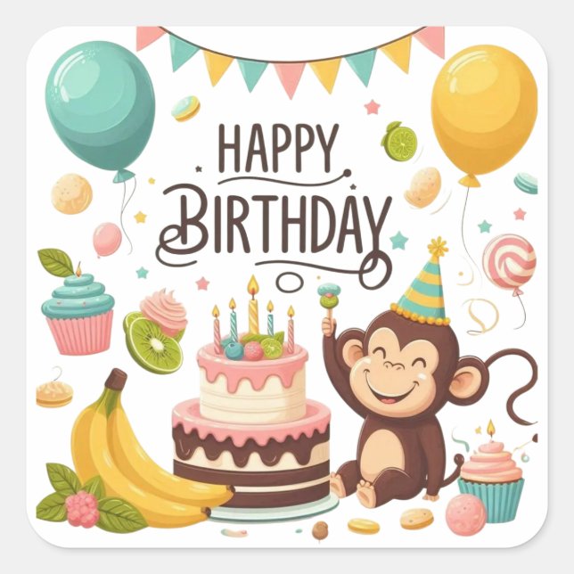 Cute Monkey Happy Birthday Party Square Sticker (Front)