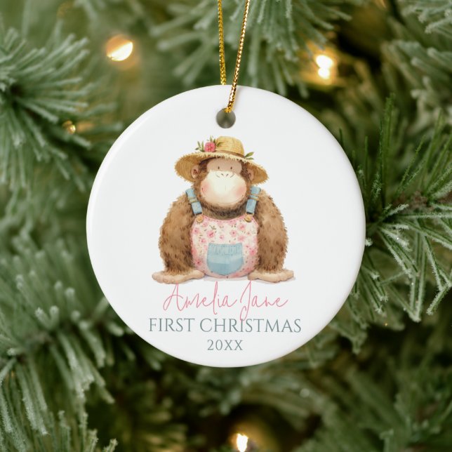 Cute Monkey Illustration Girl First Christmas Ceramic Tree Decoration (Tree)
