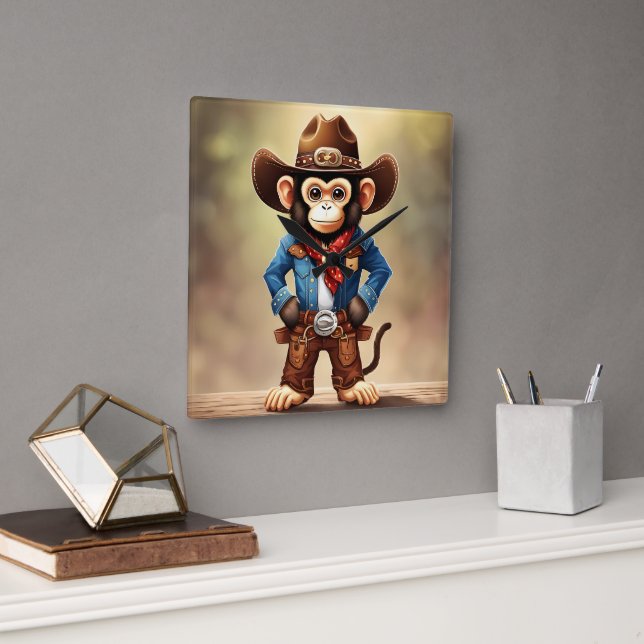 Cute monkey in a cowboy costume square wall clock (Office)