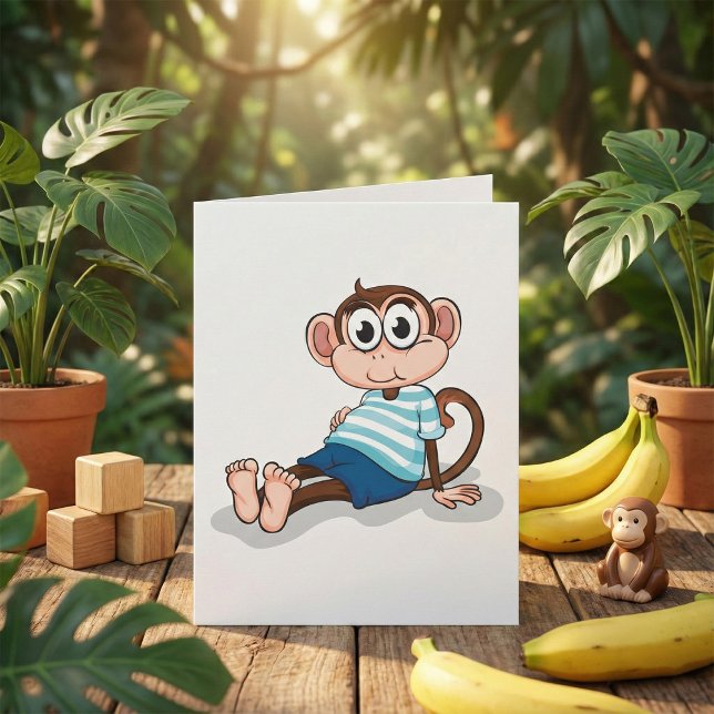 Cute Monkey in Blue Striped Shirt and Shorts Card (Creator Uploaded)