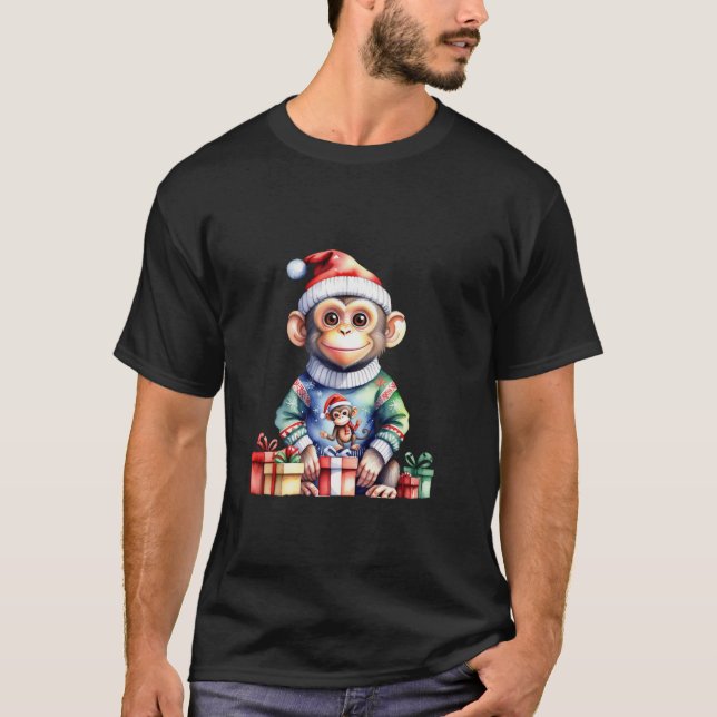 Cute Monkey In Santa Hat Christmas Winter Snow Fla T-Shirt (Front)