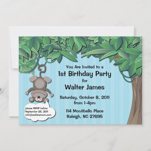 Cute Monkey Jungle Birthday Party Blue Invitation (Front)