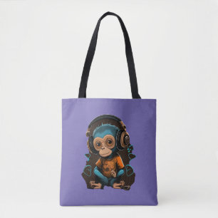 Cute Monkey Listening Music, Music Immersed Monkey Tote Bag