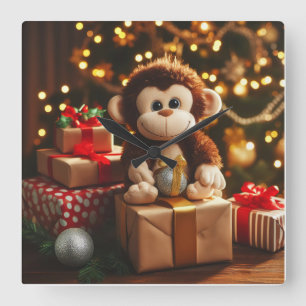 Cute monkey on a Christmas gift Square Wall Clock