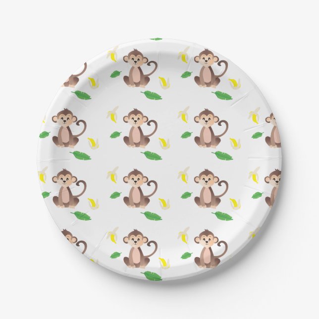 Cute Monkey Pattern Jungle Tropical Leaves Banana Paper Plate (Front)