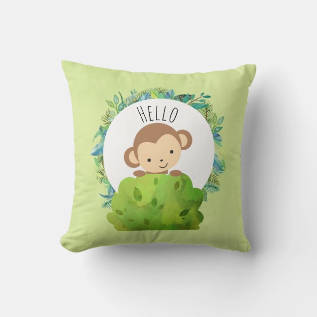 Cute Monkey Peeking Out from Behind a Bush Hello Cushion (Front)