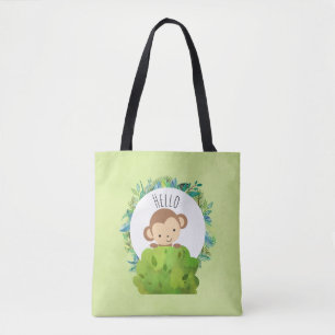Cute Monkey Peeking Out from Behind a Bush Hello Tote Bag