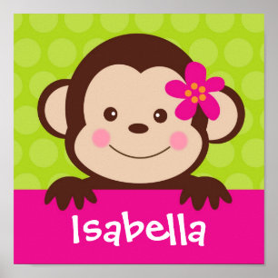 Cute  Monkey Personalised Name Art Print girl Kids
