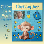 Cute monkey photo name blue yellow kids jigsaw puzzle<br><div class="desc">30 piece jigsaw puzzle for kids.
Featuring a cute monkey,  with stars and love hearts.
Add a name,  initial and a photo.
Colour scheme: blue and yellow
Children's gift idea.</div>