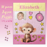 Cute monkey photo name pink yellow kids jigsaw puzzle<br><div class="desc">30 piece jigsaw puzzle for kids.
Featuring a cute monkey,  with stars and love hearts.
Add a name,  initial and a photo.
Colour scheme: pink and yellow
Children's gift idea.</div>