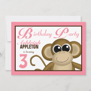 Cute Monkey Pink Birthday Party Invitations