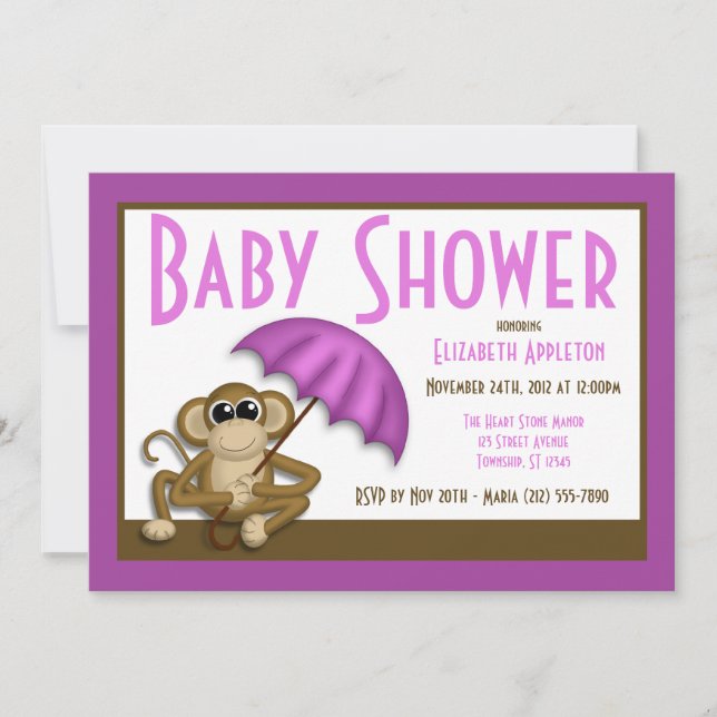 Cute Monkey Purple Baby Shower Invitations (Front)