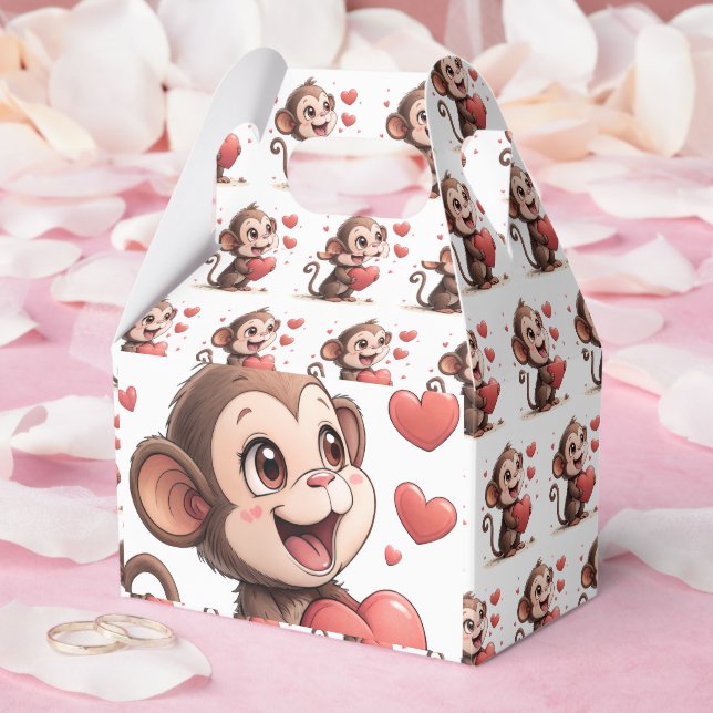 Cute Monkey Red Hearts Love Gable Favor Box (Wedding)