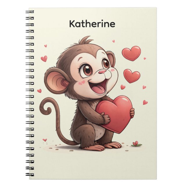 Cute Monkey Red Hearts Spiral Notebook  (Front)