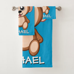 Cute Monkey Safari Cartoon Jungle Name Blue Bath Towel Set