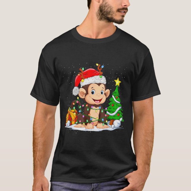 Cute Monkey Santa Christmas Tree Lights Xmas Pajam T-Shirt (Front)