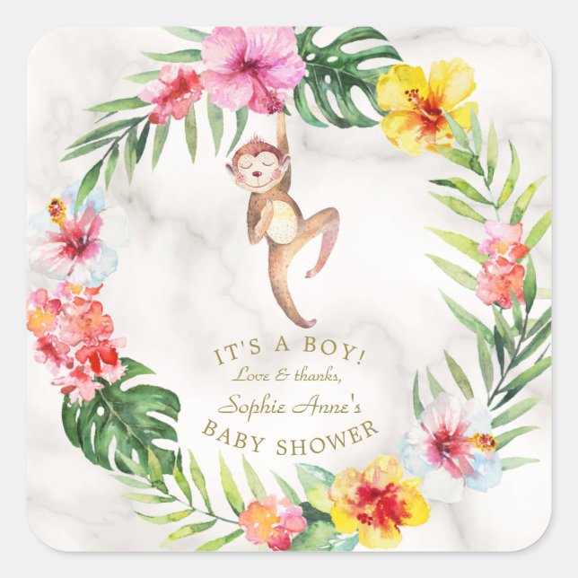 Cute Monkey Tropical Floral Girl Baby Shower Square Sticker (Front)