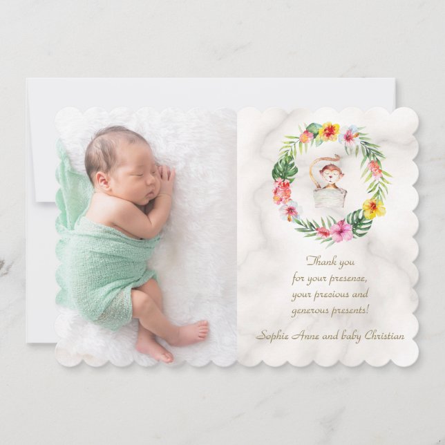 Cute Monkey Tropical Floral Girl Baby Shower Thank You Card (Front)