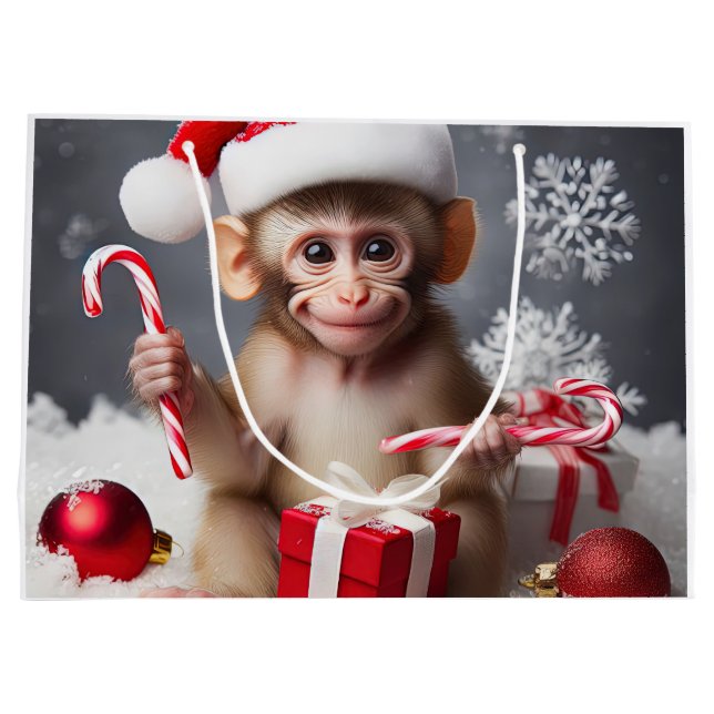 Cute monkey with a Santa hat Large Gift Bag (Back)