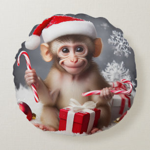 Cute monkey with a Santa hat Round Cushion