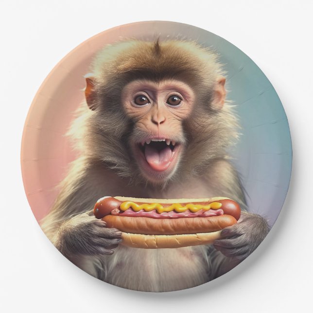 Cute Monkey With Hotdog  Paper Plate (Front)