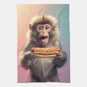 Cute Monkey With Hotdog Tea Towel