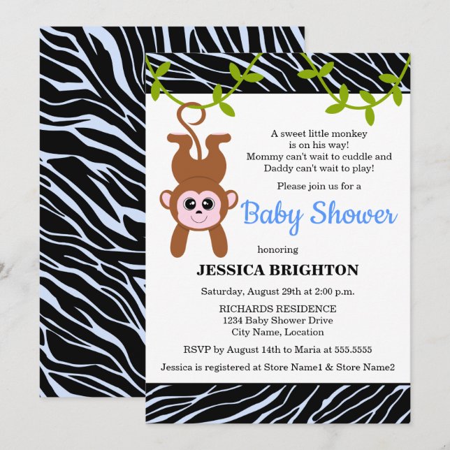 Cute Monkey Zebra Stripes Baby Shower Invitation (Front/Back)