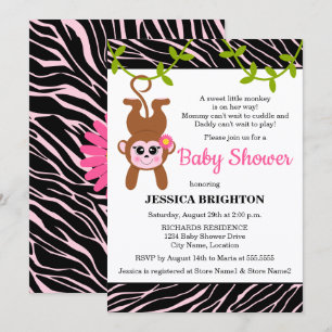 Cute Monkey Zebra Stripes Baby Shower Invitation