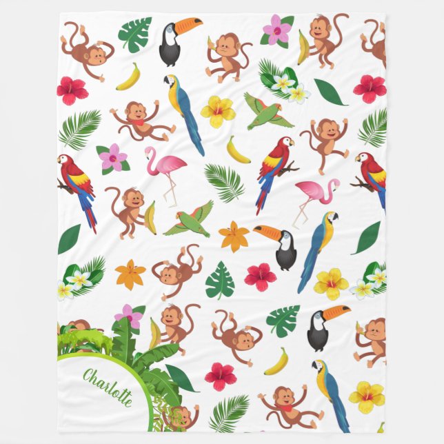 Cute Monkeys and Bananas in Jungle Pattern Fleece Blanket (Front)