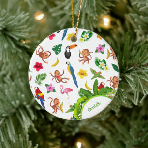 Cute Monkeys and Bananas Jungle Pattern Christmas Ceramic Tree Decoration