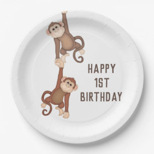 Cute Monkeys Birthday On White Paper Plate