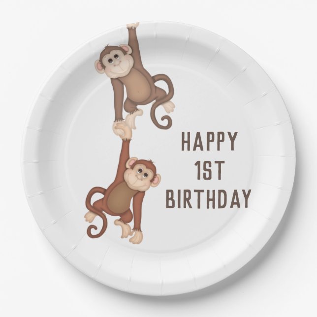 Cute Monkeys Birthday On White Paper Plate (Front)