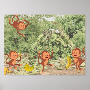 Cute monkeys eat bananas poster