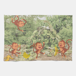 Cute monkeys eat bananas tea towel