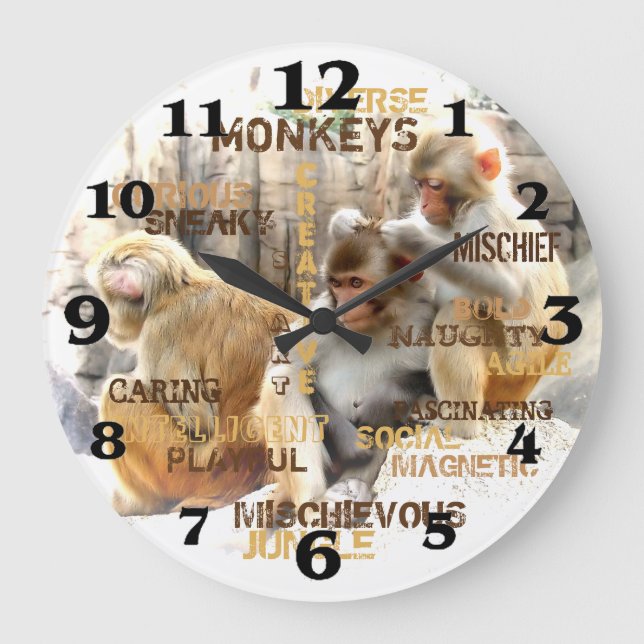 Cute Monkeys Typography Art Large Clock (Front)