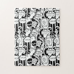 Cute Monochrome Doodle Monster Pattern Jigsaw Puzzle