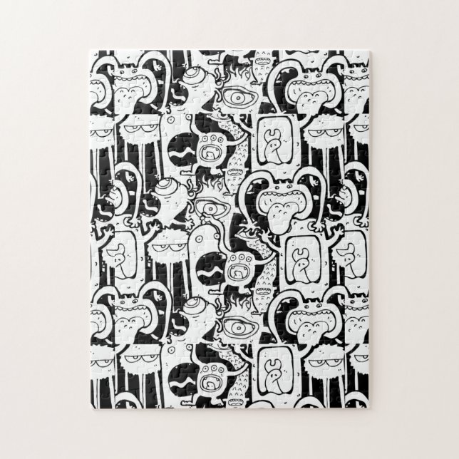 Cute Monochrome Doodle Monster Pattern Jigsaw Puzzle (Vertical)