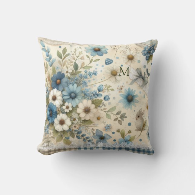  Cute Monogram Bunny Blue , Green & White Florals Cushion (Front)