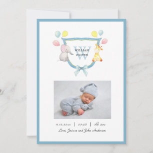 Cute Monogram Crest with Animals Boy Birth  Announcement