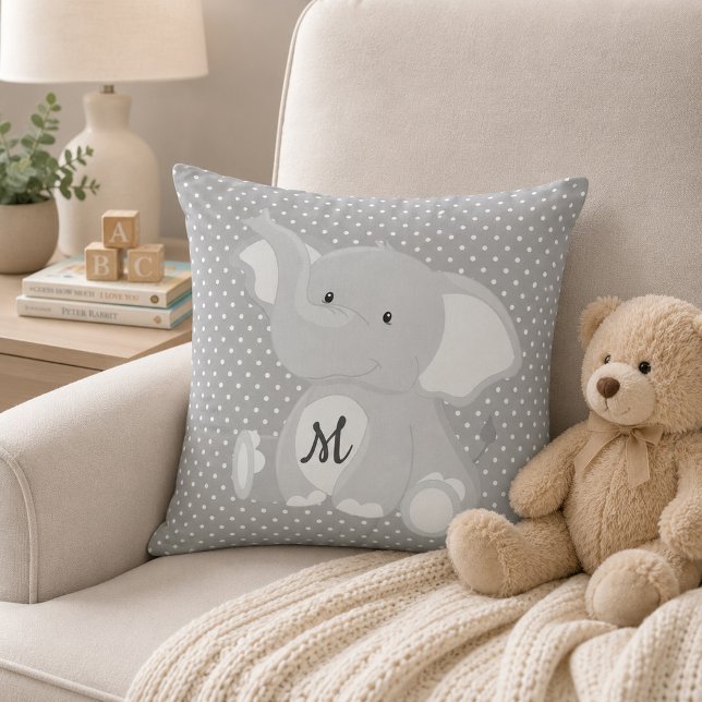 Cute Monogram Elephant Grey and White Polka Dot Cushion (Creator Uploaded)