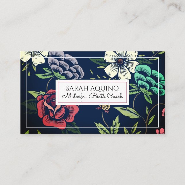 Cute Monogram Floral Doula Midwife Birth Coach Business Card (Front)