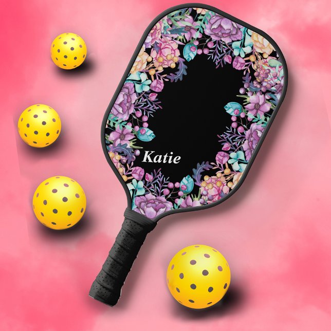 Cute Monogram Floral Flower Pattern Modern Pretty Pickleball Paddle (Creator Uploaded)