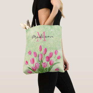 Cute Monogram Floral Spring Pink Tulip Bouquet Tote Bag
